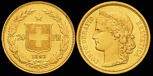 1893, 20 Fr. Goldmünze "HELVETIA"