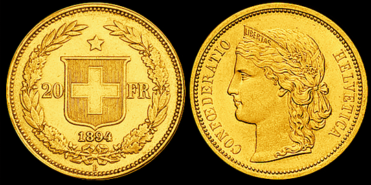 1894, 20 Fr. Goldmünze "HELVETIA"
