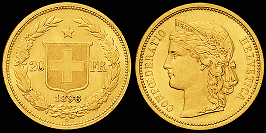 1896, 20 Fr. Goldmünze "HELVETIA"