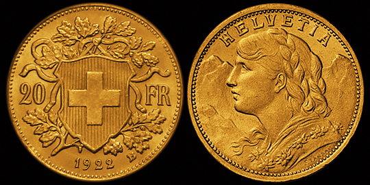 1922, 20 Fr. Gold-Vreneli