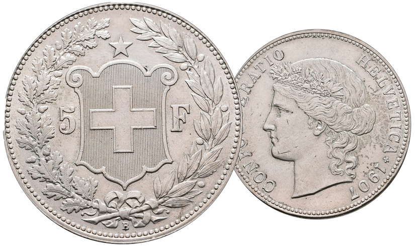 1907, 5 Fr. Silber-Kursmünze Helvetiakopf
