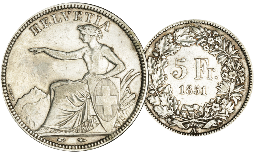 1851, 5 Fr. Silber-Kursmünze Sitzende Helvetia