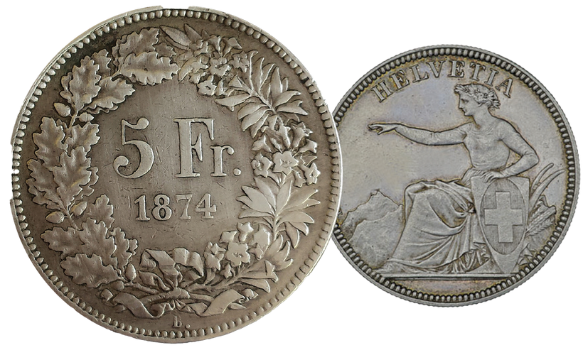 1874, 5 Fr. Silber-Kursmünze Sitzende Helvetia mit Münzzeichen B.