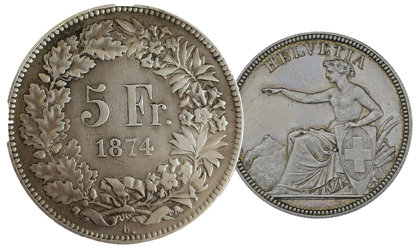 1874, 5 Fr. Silber-Kursmünze mit Münzzeichen B