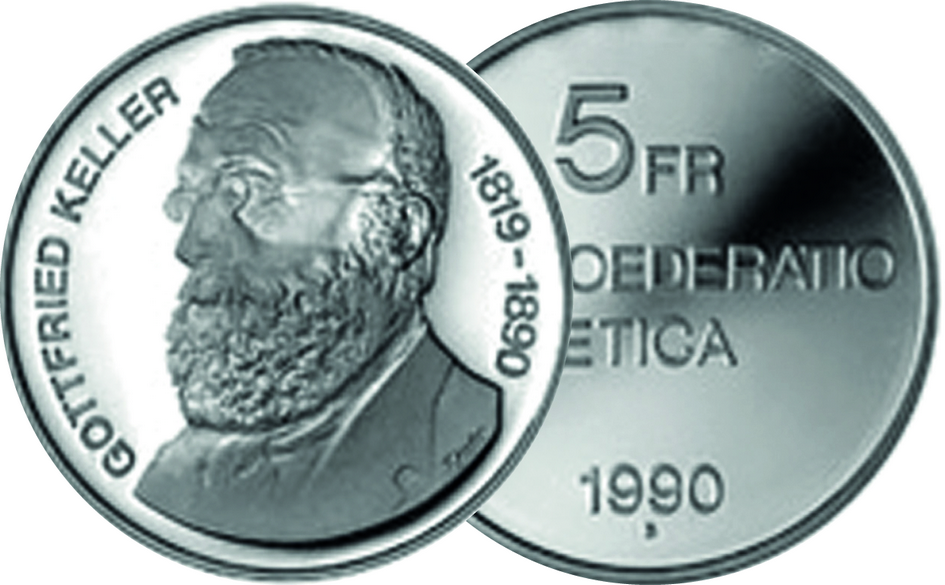 1990, 5 Fr. Gedenkmünzen "Gottfried Keller"