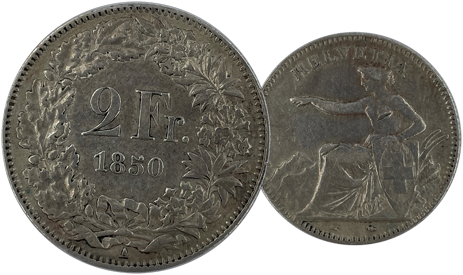 1850, 2 Fr. Silber-Kursmünze Sitzende Helvetia