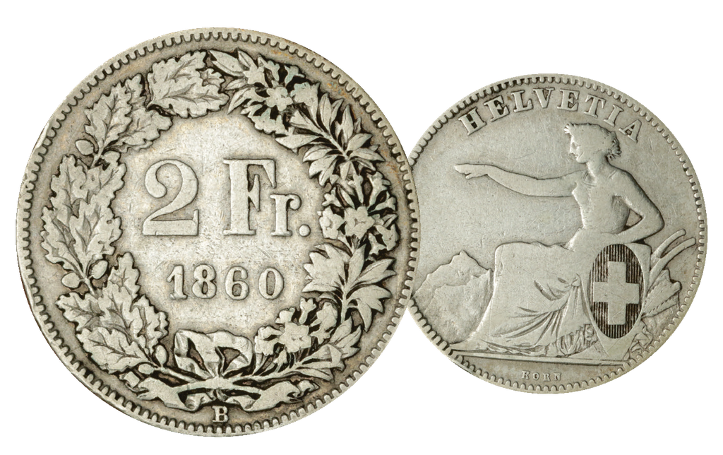 1860, 2 Fr. Silber-Kursmünze Sitzende Helvetia