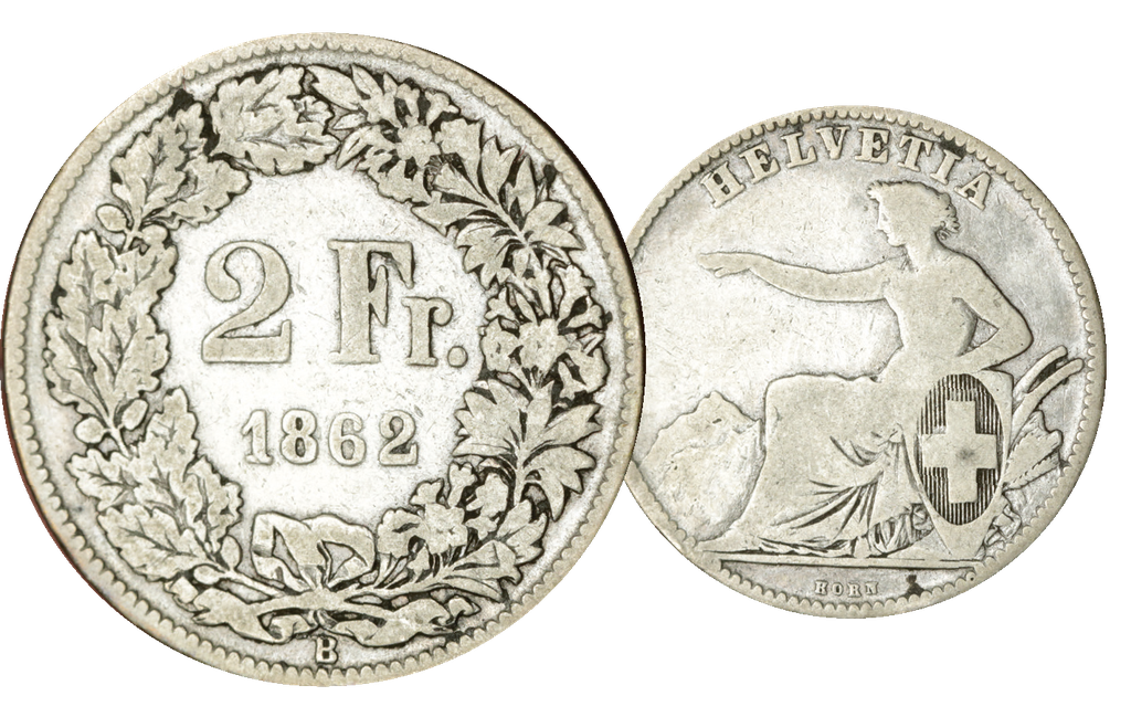 1862, 2 Fr. Silber-Kursmünze Sitzende Helvetia
