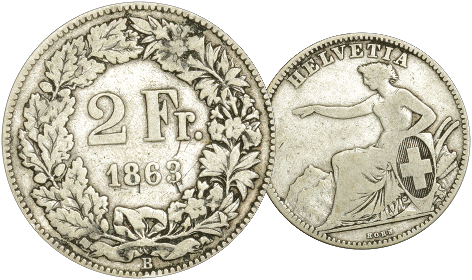 1863, 2 Fr. Silber-Kursmünze Sitzende Helvetia