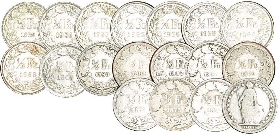 1875-1967, 50 Rp. Silber-Kursmünzen Komplett-Kollektion