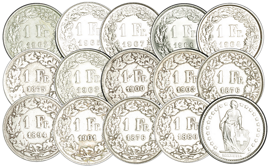 1875-1967, 1 Fr. Silber-Kursmünzen Komplett-Kollektion