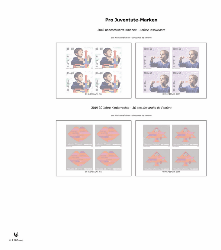 2018-2020, Pro Juventute Viererblock mit Schutztaschen (J100-J101)