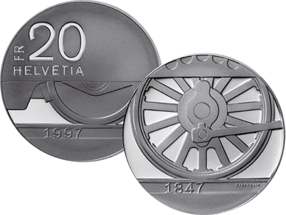 1997, 20 Fr. Gedenkmünze "150 Jahre Schweizer Bahnen"