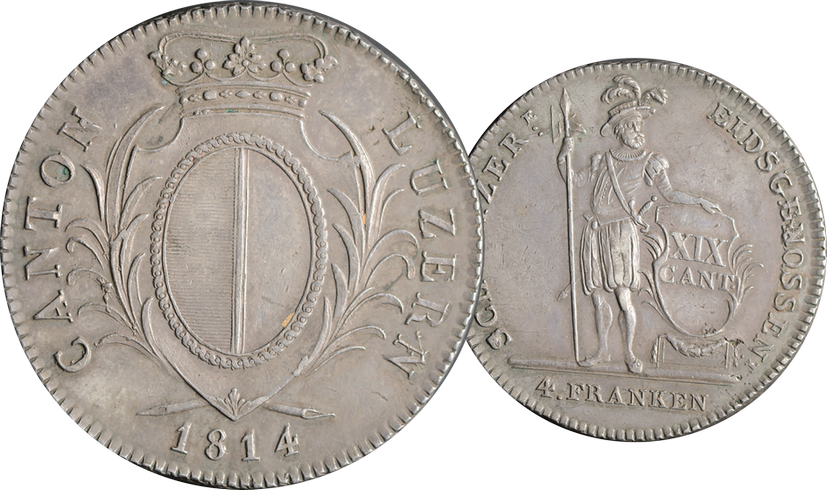 1814, 4 Franken Luzern, 3-blättriger Laubrand