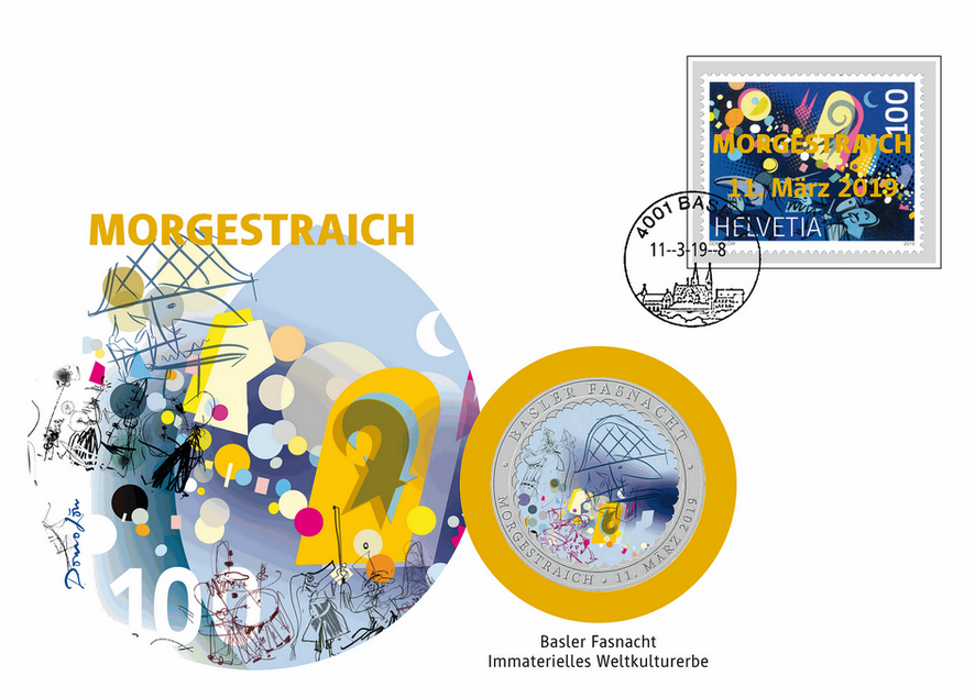 2019, Basler Fasnacht mit Gold-Aufdruck "MORGESTRAICH 11. März 2019"