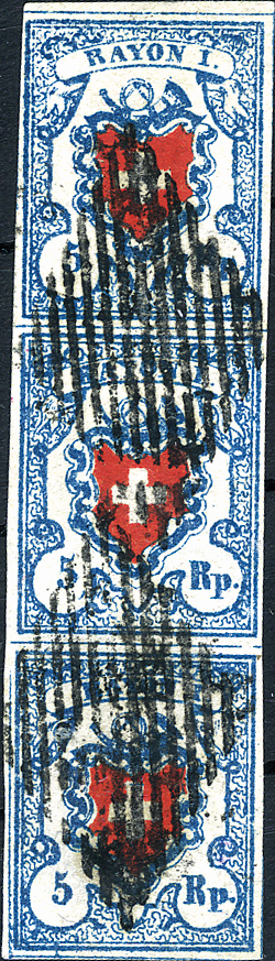 5 Rp. hellblau-rot, Typen 1, 9 und 17, Stein B2 (LO), senkrechter Dreierstreifen