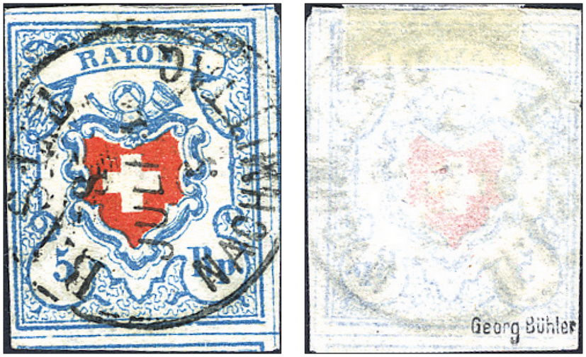5 Rp. hellblau-rot, Type 17, Stein C1 (LO), &quot;Dünnes Papier, durchscheinender Rotdruck&quot;