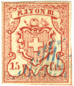 15 Rp. ziegelrot, Type 7, "Farbiger Strich im Markenbild"