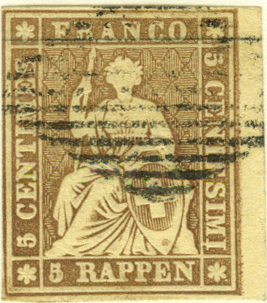5 Rp. graubraun, Berner Druck, 1. Druckperiode, &quot;Farbloser Punkt unter dem Fuss des 2. &quot;l&quot; von CENTESIMI&quot;