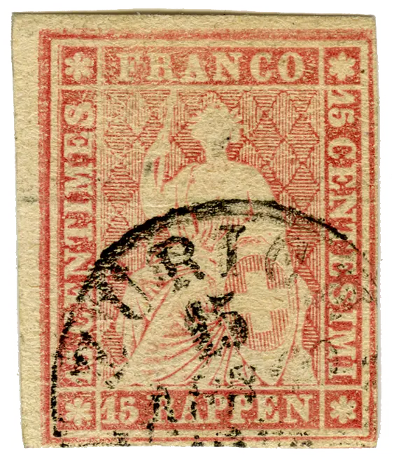 15 Rp. karmin, Berner Druck, 3. Druckperiode, "Doppelprägung oben im 1. Sternenquadrat und im linken Schriftband"