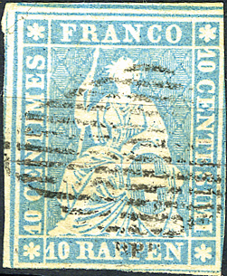 10 Rp. lebhaftpreussischblau, Berner Druck, 3. Druckperiode