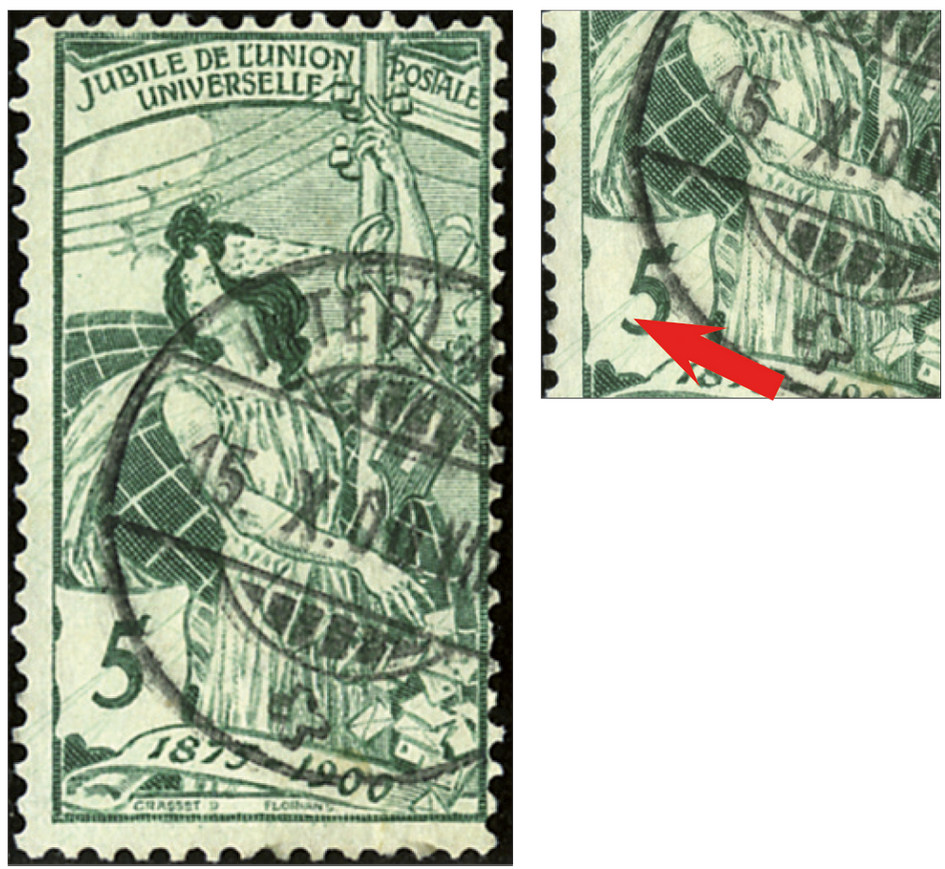 5 Rp. grün, "Starker Kratzer durch den Unterarm bis in das Wertschild hinein, sog. Armband "