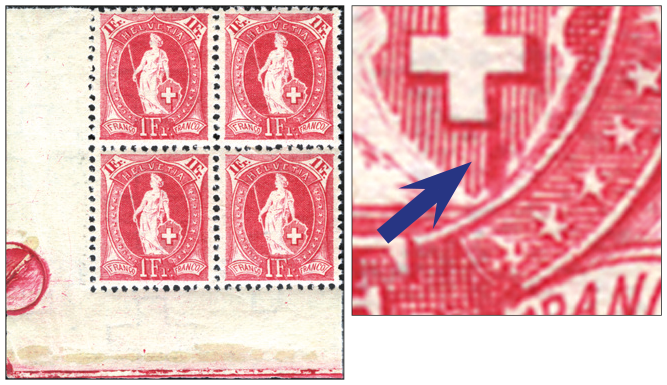 1 Fr. karminrosa, "Senkrechter roter Strich im Wappen"