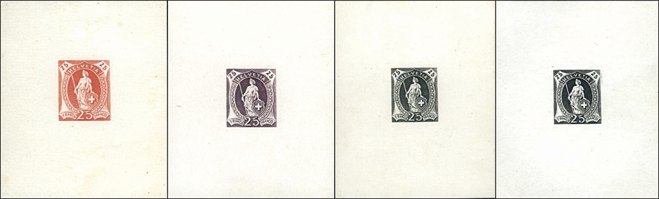 1905, Girardet-Proben im Kupferdruck 25 Rp. rotorange, rotbraun und schwarz