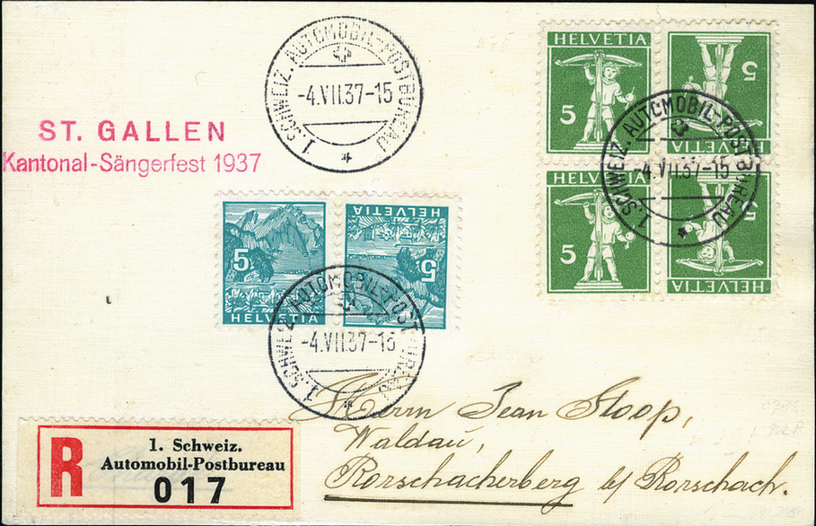 1937, Tellknabe mit Armbrust, 5 Rp. grün, Type 2 mit Landschaftsbilder (Buchdruck) 5 Rp. Pilatus