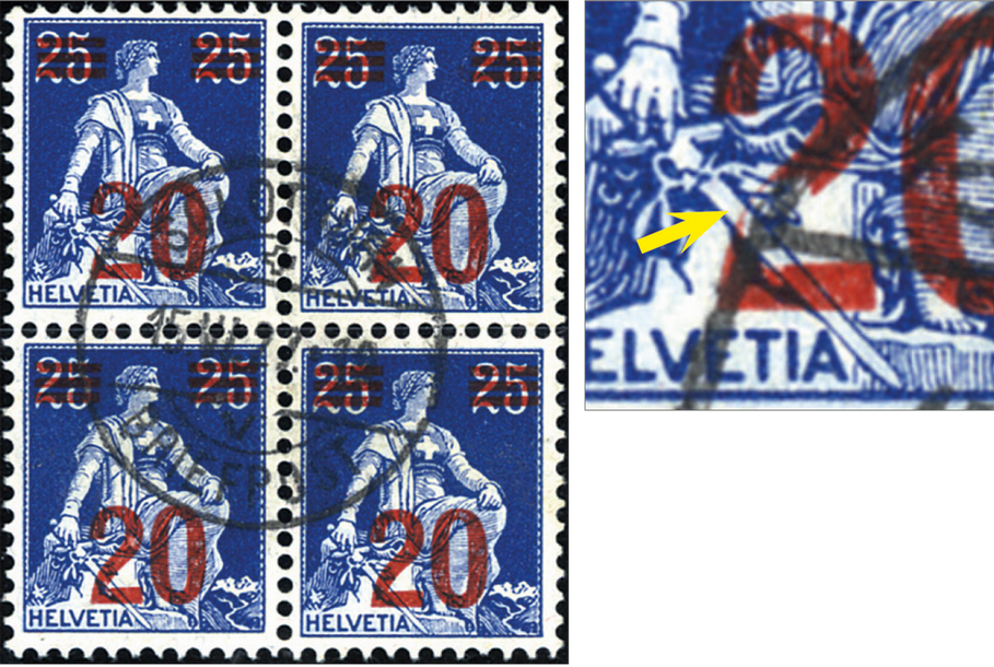 20 - 25 Rp. Helvetia mit Schwert, blau-hellblau, "Grosser farbloser Fleck in der 2 von 20", sog. Konfetti