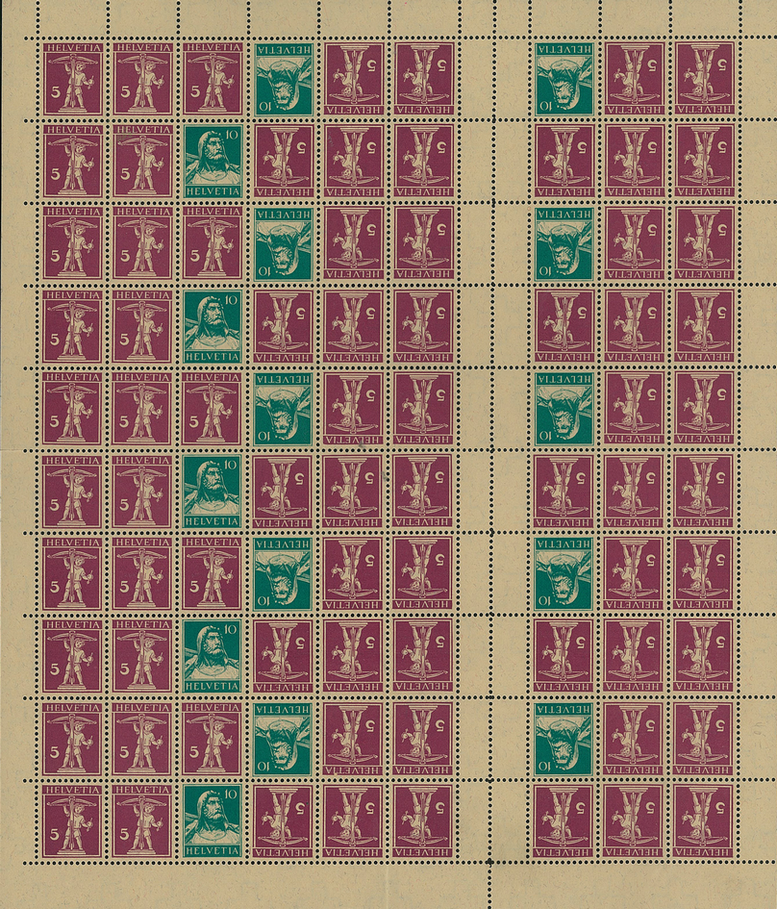 1927, Tellknabe mit Armbrust, 5 Rp. rotlila, sämisch und 1928, Tellbrustbild, 10 Rp. blaugrün