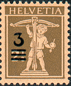 3 - 2 1-2 Rp. bräunlicholiv, sämisch, "Defekte Armbrust"