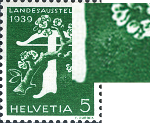 5 Rp. grün, "Retouche zwischen Armbrustschaft und Blütenzweig"