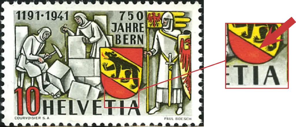 10 Rp. Herzog Berchtold, dunkelgrau-rot, "Helle Stelle unten im Wappen"