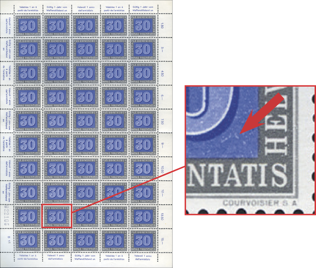 30 Rp. blau-grau, "Glorienschein unterhalb der Ziffer O"
