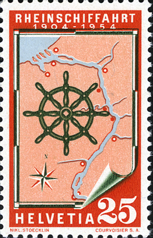 25 Rp. Rheinschiffahrt, "Nach oben verschobener Gründruck"