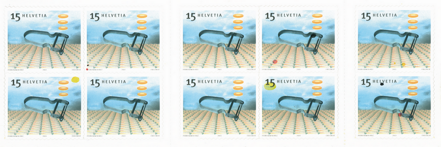 15 Rp. Sparschäler, "Grosse, markante Farbflecken im Bild auf verschiedenen Marken"