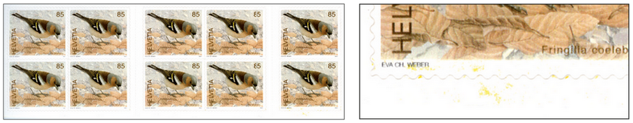 85 Rp. Buchfink, "Grosse gelbe Flecken" im unteren Rand der 10. Marke des Heftchensblatts