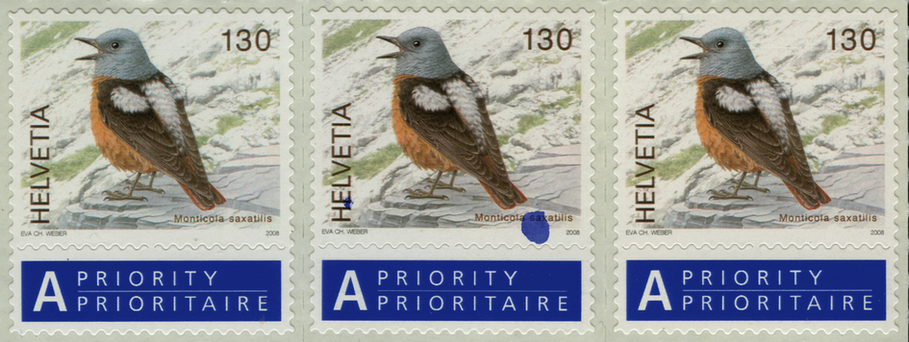 130 Rp. Steinrötel, "Markante blaue Farbflecken" im Rand bei Helvetia und bei Monticola saxatilis