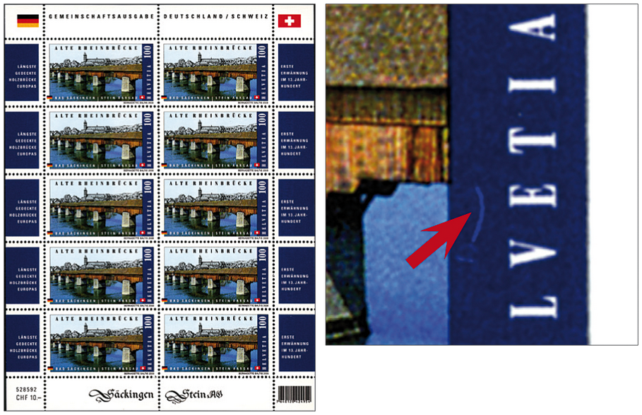 100 Rp. Alte Rheinbrücke, Bad Säckingen, "Weisse Linie über ve von Helvetia"