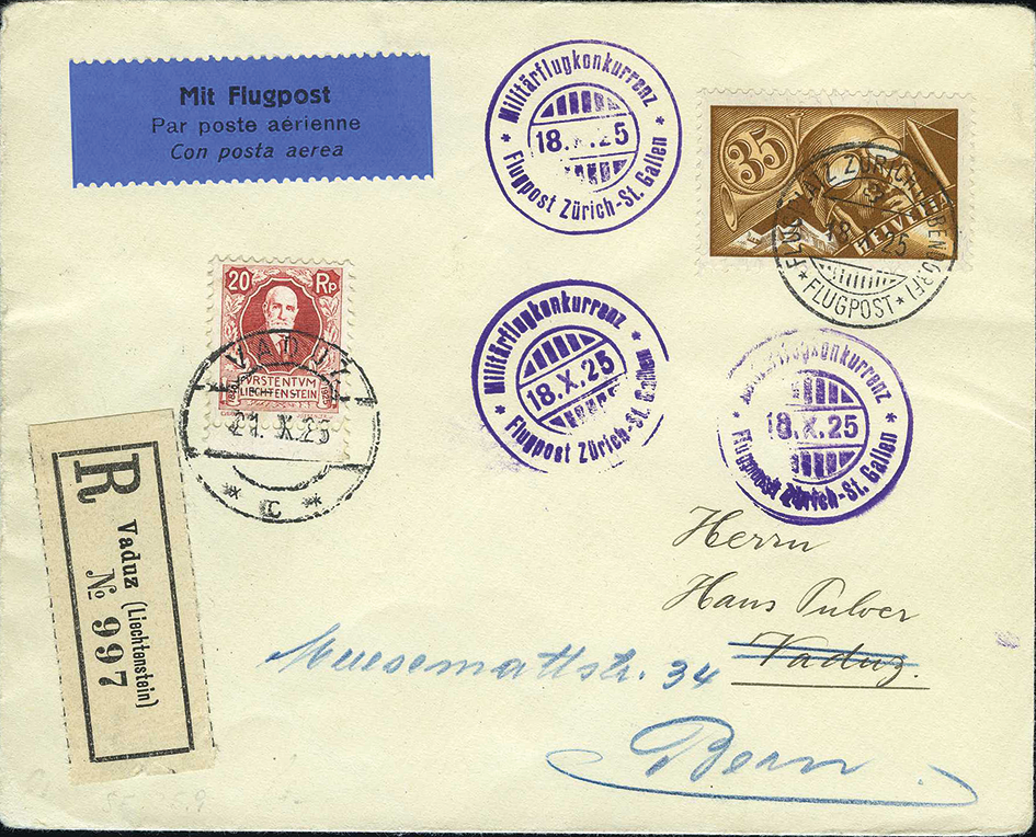 Militärflugkonkurrenz Dübendorf, Chargé-Mischfrankatur Liechtenstein-Schweiz.