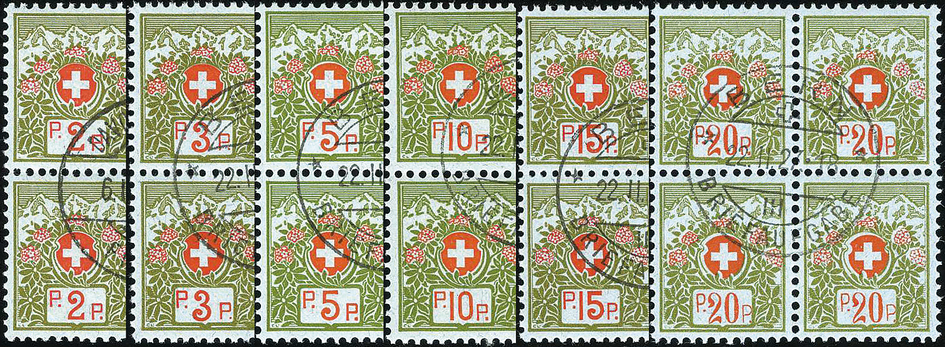 Wappen und Alpenrosen, ohne Kontr.Nr im Viererblock zentrisch gestempelt