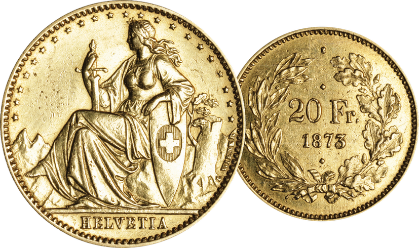 1873, 20 Franken, 3-Punkt-Probe Eidgenossenschaft