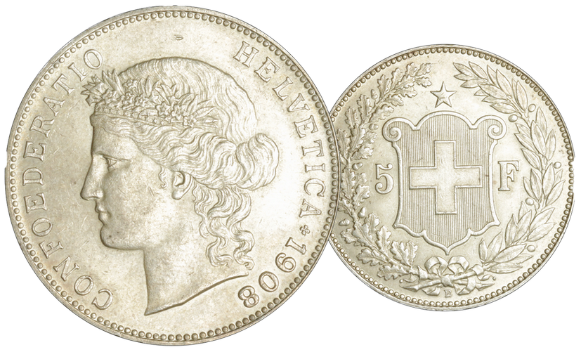 1908, 5 Fr. Silber-Kursmünze Helvetia Kopf