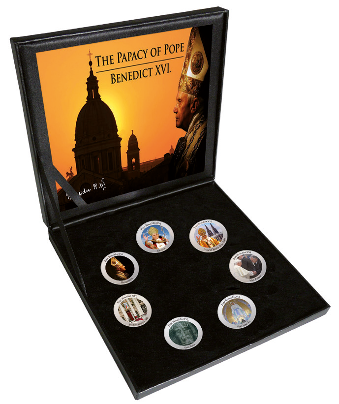 Münz-Serie "Papst Benedikt XVI.", 7 Münzen (je 50 Lira) dokumentieren seine Zeit als Kirchenoberhaupt