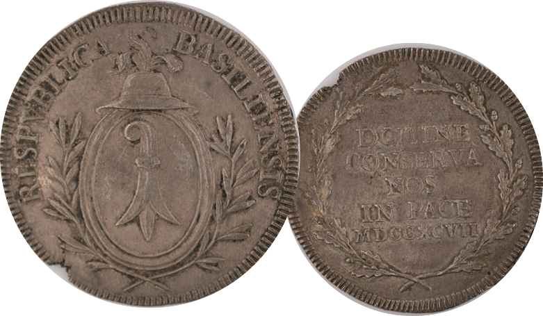 1797, Halbtaler Basel, letzte Münze der Stadt Basel, 12.99g schwer, Silber, vorzügliche Erhaltung mit Randschlag.