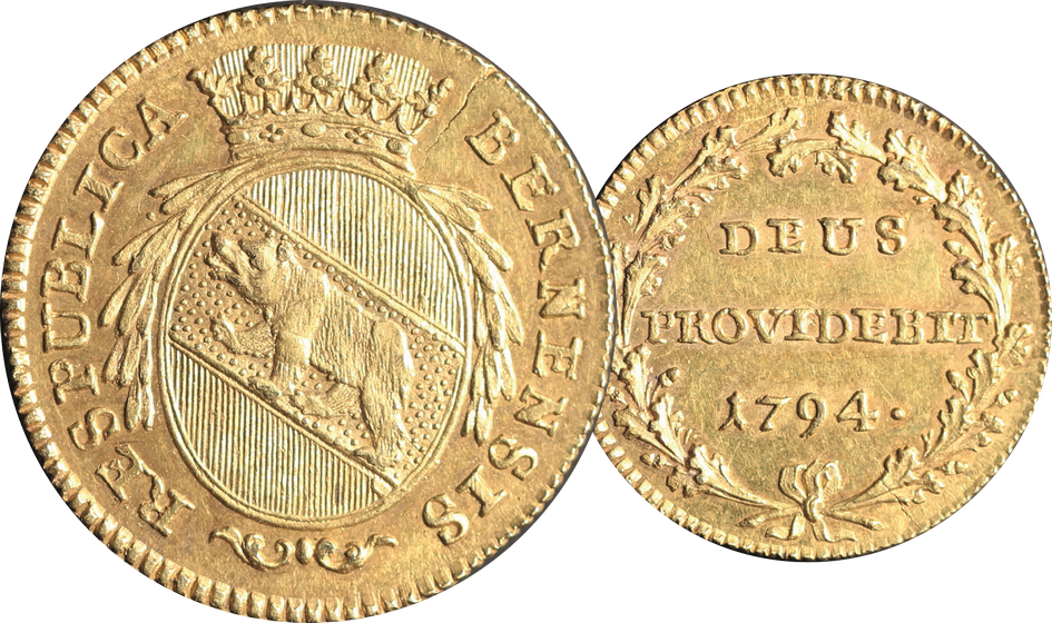 1794, Duplone Bern, Rückseite Spruch, 7.62g schwer, Gold, bis unzirkuliert!