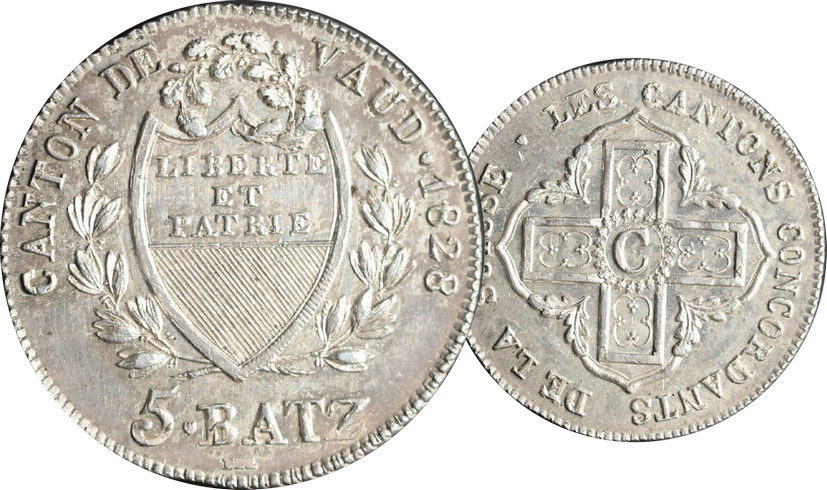 1828, 5 Batzen Waadt, 4.5g schwer, Silber, unzirkulierte Erhaltung.