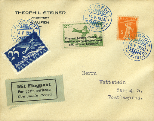 [7374.24.05] 1924, Flugtag 1924 Flugtag Laufen, Vignette, "Ausgefülltes E in DES"