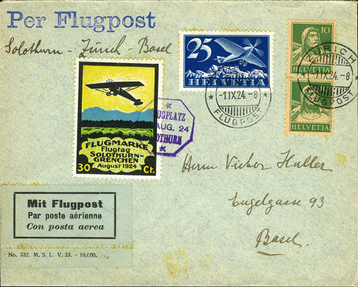 [7374.24.17] 1924, Flugtag Solothurn-Grenchen, Vignette 30 Rp. schwarz-gelb-blau-grün, &quot;Berge mit weisser Horizontlinie&quot;